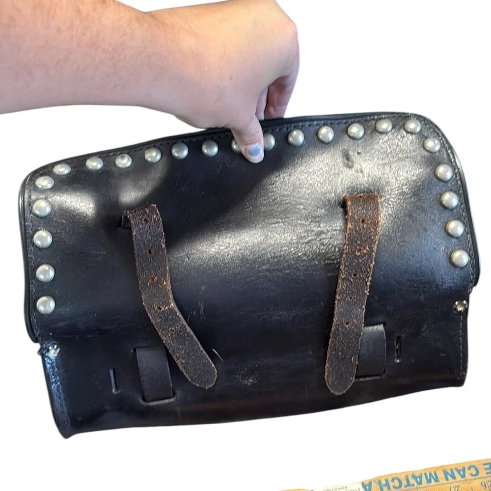 Motorcycle Rider Travel Small Luggage Storage Box Case Black Leather Studded